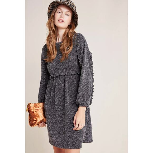 Anthropologie RO & DE Medium Stella Ruffle Sleeve Mini Dress Empire Gray Marbled - Picture 1 of 14